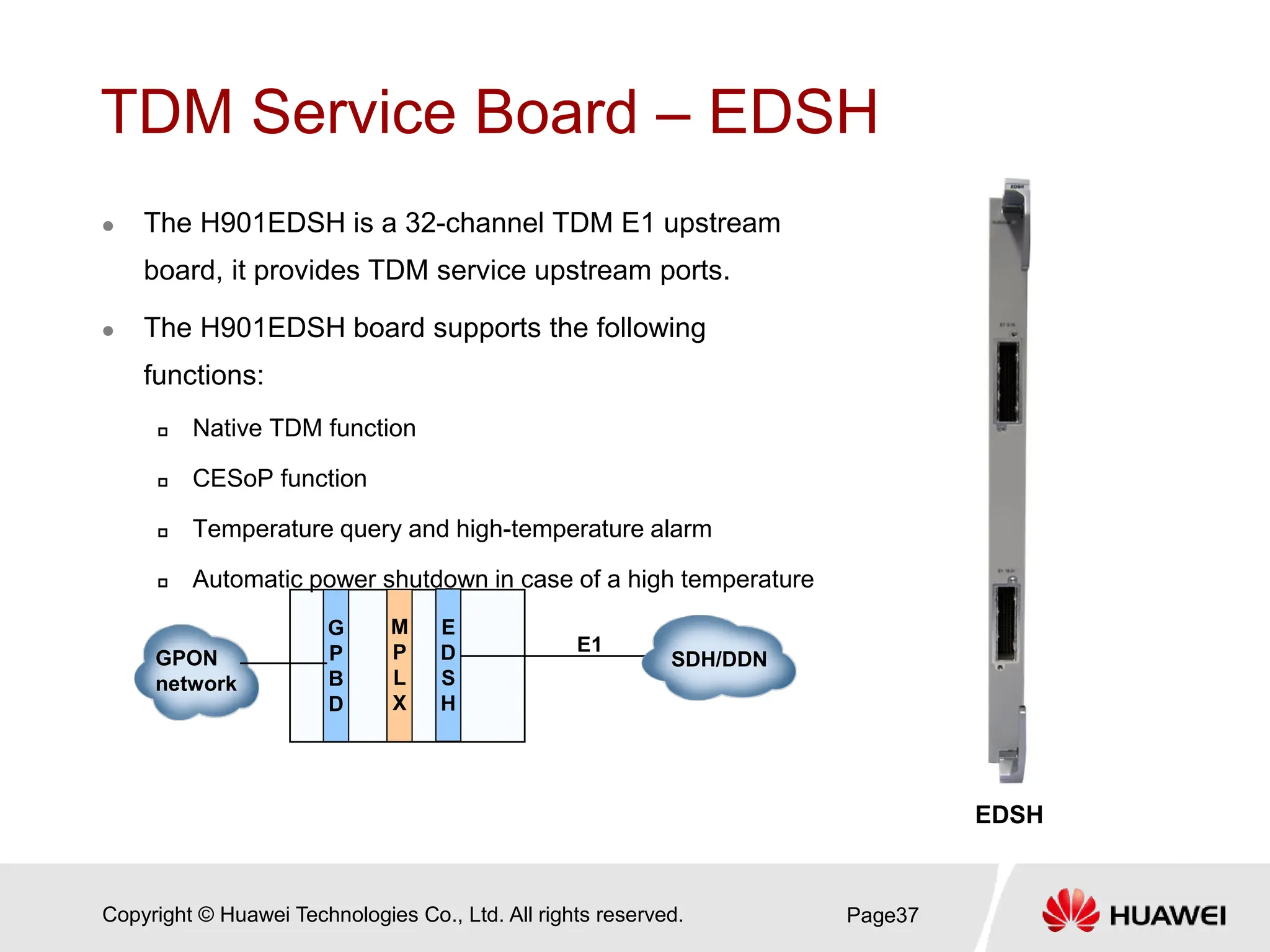 Copyright © Huawei Technologies Co., Ltd. All rights reserved.
TDM Service Board – EDSH
 The H901EDSH is a 32-channel TDM E1 upstream
board, it provides TDM service upstream ports.
 The H901EDSH board supports the following
functions:
 Native TDM function
 CESoP function
 Temperature query and high-temperature alarm
 Automatic power shutdown in case of a high temperature
Page37
SDH/DDN
M
P
L
X
G
P
B
D
E
D
S
H
E1
GPON
network
EDSH
 