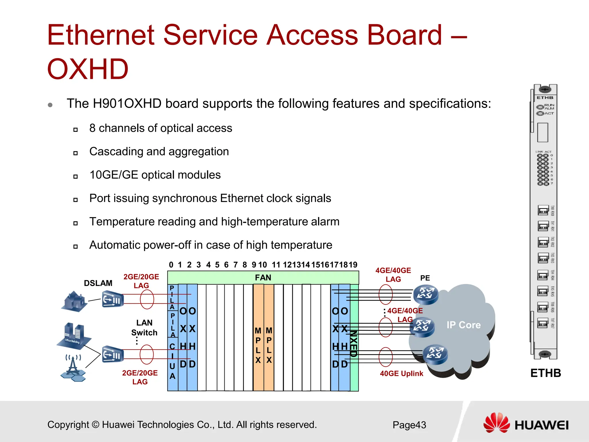Copyright © Huawei Technologies Co., Ltd. All rights reserved.
Ethernet Service Access Board –
OXHD
 The H901OXHD board supports the following features and specifications:
 8 channels of optical access
 Cascading and aggregation
 10GE/GE optical modules
 Port issuing synchronous Ethernet clock signals
 Temperature reading and high-temperature alarm
 Automatic power-off in case of high temperature
Page43
ETHB
M
P
L
X
P
I
L
A
C
I
U
A
FAN
10 1718
16
15
14
13
12
11
9
8
2 7
6
5
4
3
0 1 19
P
I
L
A
IP Core
PE
O
X
H
D
4GE/40GE
LAG
O
X
H
D
O
X
H
D
LAN
Switch
2GE/20GE
LAG
DSLAM
O
X
H
D
…
M
P
L
X
NXED
40GE Uplink
2GE/20GE
LAG
4GE/40GE
LAG
 