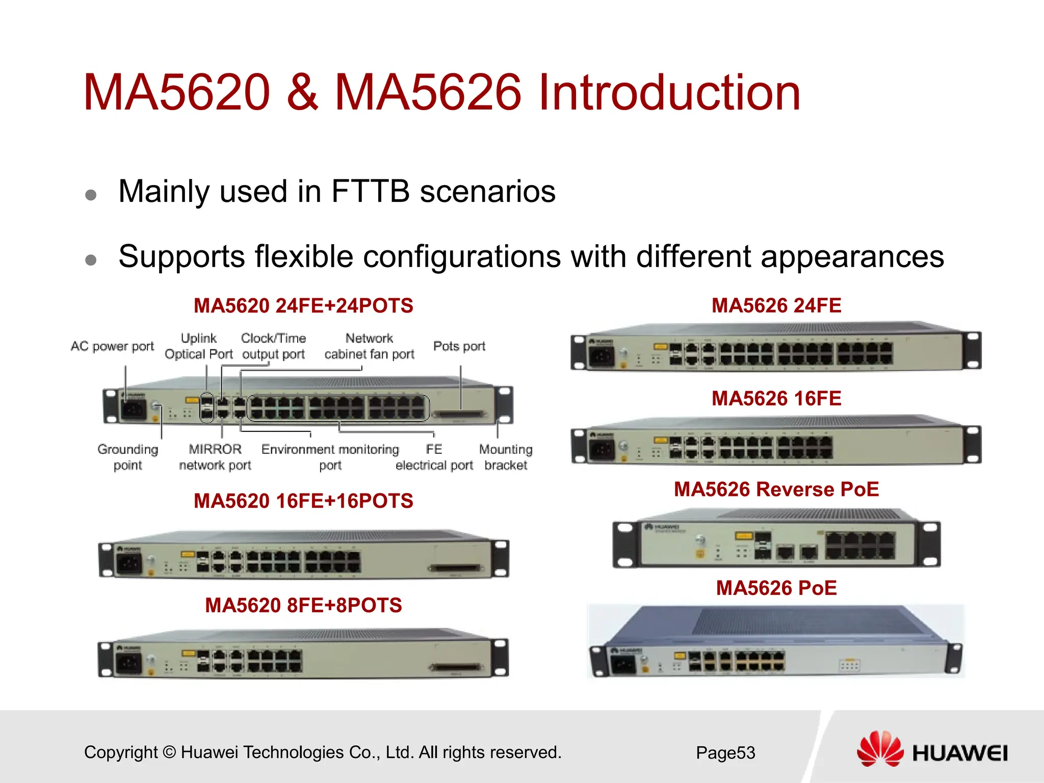 Copyright © Huawei Technologies Co., Ltd. All rights reserved.
MA5620 & MA5626 Introduction
 Mainly used in FTTB scenarios
 Supports flexible configurations with different appearances
Page53
MA5620 24FE+24POTS
MA5626 Reverse PoE
MA5626 24FE
MA5620 16FE+16POTS
MA5620 8FE+8POTS
MA5626 PoE
MA5626 16FE
 