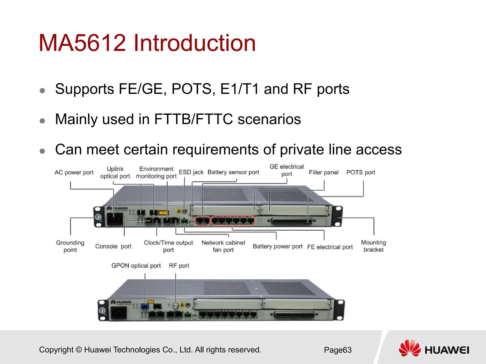 Copyright © Huawei Technologies Co., Ltd. All rights reserved.
MA5612 Introduction
 Supports FE/GE, POTS, E1/T1 and RF ports
 Mainly used in FTTB/FTTC scenarios
 Can meet certain requirements of private line access
Page63
 