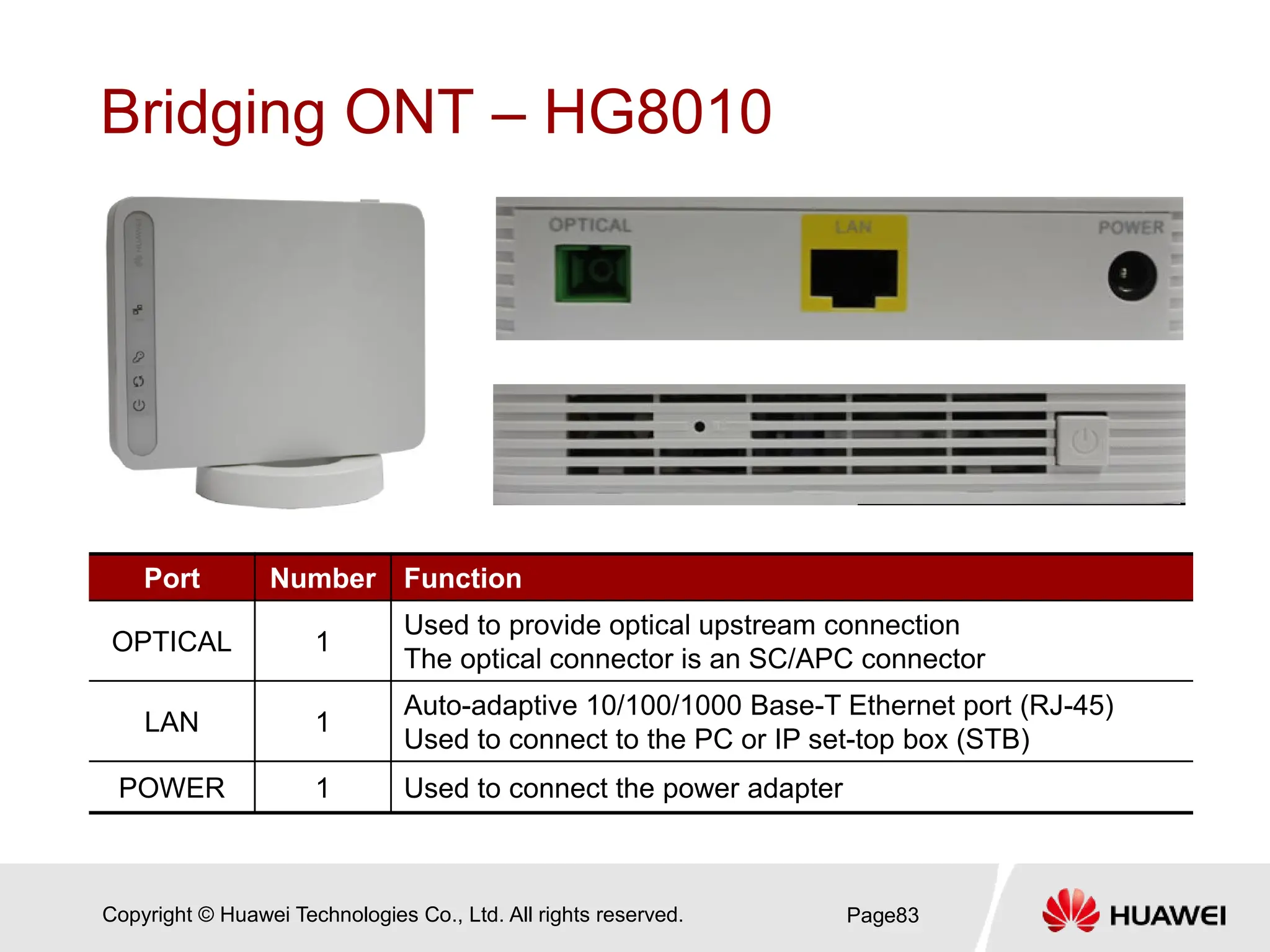 Copyright © Huawei Technologies Co., Ltd. All rights reserved.
Bridging ONT – HG8010
Page83
Port Number Function
OPTICAL 1
Used to provide optical upstream connection
The optical connector is an SC/APC connector
LAN 1
Auto-adaptive 10/100/1000 Base-T Ethernet port (RJ-45)
Used to connect to the PC or IP set-top box (STB)
POWER 1 Used to connect the power adapter
 