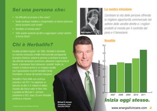 Sei una persona che:                                                                                                     La nostra missione
                                                                                                                         Cambiare la vita delle persone offrendo
•	 Ha difficoltà ad arrivare a fine mese?
•	 Vuole cambiare mestiere e intraprendere un lavoro autonomo
                                                                                                                         la migliore opportunità commerciale nel
   senza eccessivi costi iniziali?                                                                                       settore delle vendite dirette e i migliori
•	 Vorrebbe un’entrata extra?                                                                                            prodotti al mondo per il controllo del
•	 Tutto questo aiutando gli altri a raggiungere i propri obiettivi              Mark Hughes                             peso e il benessere.
   di forma fisica?
                                                                                                                         Vendite
Chi è Herbalife?                                                                                                     6

Fondata da Mark Hughes* nel 1980, Herbalife è diventata
                                                                                                                     5
un marchio conosciuto a livello internazionale perseguendo
la propria missione: aiutare le persone a cambiare la propria
vita offrendo benessere economico, attraverso l’opportunità di                                                       4




                                                                                               Miliardi di dollari
lavoro, e benessere fisico attraverso i prodotti. Inoltre, la
mission si traduce anche in un impegno sociale                                                                       3
con l’associazione no profit Herbalife Family
Foundation, in favore dei bambini bisognosi.
                                                                                                                     2
Herbalife è fiera della sua continua
crescita e nel 2011 ha registrato un
fatturato di oltre 5,4 miliardi di dollari.                                                                          1
Quotata alla Borsa valori di New York
e guidata da Michael O. Johnson,                                                                                     0
presidente e CEO, dopo 30 anni Herbalife                                                                                      2007   2008   2009   2010   2011
continua a crescere.
                                                            Michael O Johnson
                                                                                                                         Inizia oggi stesso.
                                                            Presidente e Chief
* Fondatore di Herbalife e primo Distributore (1956-2000)   Executive Officier
                                                                                                                               www.energiaXvincere.com 2
 