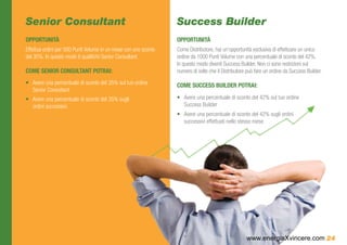 Senior Consultant                                                Success Builder
OPPORTUNITÀ                                                      OPPORTUNITÀ
Effettua ordini per 500 Punti Volume in un mese con uno sconto   Come Distributore, hai un’opportunità esclusiva di effettuare un unico
del 35%. In questo modo ti qualifichi Senior Consultant.         ordine da 1000 Punti Volume con una percentuale di sconto del 42%.
                                                                 In questo modo diventi Success Builder. Non ci sono restrizioni sul
COME SENIOR CONSULTANT POTRAI:                                   numero di volte che il Distributore può fare un ordine da Success Builder.
•	 Avere una percentuale di sconto del 35% sul tuo ordine        COME SUCCESS BUILDER POTRAI:
   Senior Consultant
•	 Avere una percentuale di sconto del 35% sugli                 •	 Avere una percentuale di sconto del 42% sul tuo ordine
   ordini successivi.                                               Success Builder
                                                                 •	 Avere una percentuale di sconto del 42% sugli ordini
                                                                    successivi effettuati nello stesso mese




                                                                                                    www.energiaXvincere.com 24
 
