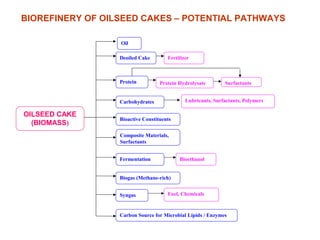 BIOREFINERY OF OILSEED CAKES – POTENTIAL PATHWAYS
OILSEED CAKE
(BIOMASS)
Oil
Deoiled Cake
Protein
Carbohydrates
Composite Materials,
Surfactants
Fermentation
Biogas (Methane-rich)
Syngas
Bioactive Constituents
Carbon Source for Microbial Lipids / Enzymes
Protein Hydrolysate Surfactants
Fertilizer
Bioethanol
Fuel, Chemicals
Lubricants, Surfactants, Polymers
 