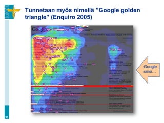 Tunnetaan myös nimellä ”Google golden
     triangle” (Enquiro 2005)




                                             Google
                                             siirsi…




31
 