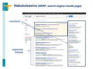 Hakutulossivu (SERP, search engine results page)



    mainokset




      orgaaniset
         tulokset




4
 