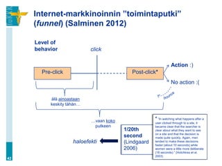 Internet-markkinoinnin ”toimintaputki”
     (funnel) (Salminen 2012)

     Level of
     behavior              click

                                                                Action :)
       Pre-click                           Post-click*
                                                                No action :(

          älä ainoastaan
          keskity tähän…


                           …vaan koko
                                                     * ”In watching what happens after a
                                                     user clicked through to a site, it
                            putkeen                  became clear that the searcher is
                                        1/20th       clear about what they want to see
                                                     on a site and that the decision is
                                        second       made quite quickly. Again, men
                    haloefekti          (Lindgaard   tended to make these decisions
                                                     faster (about 10 seconds) while
                                        2006)        women were a little more deliberate
                                                     (18 seconds).” (Hotchkiss et al.
                                                     2003)
42
 