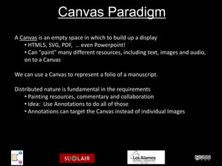 Canvas Paradigm
A Canvas is an empty space in which to build up a display
   • HTML5, SVG, PDF, … even Powerpoint!
   • Can "paint" many different resources, including text, images and audio,
   on to a Canvas

We can use a Canvas to represent a folio of a manuscript.

Distributed nature is fundamental in the requirements
    • Painting resources, commentary and collaboration
    • Idea: Use Annotations to do all of those
    • Annotations can target the Canvas instead of individual Images
 