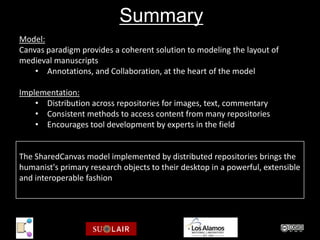 Summary
Model:
Canvas paradigm provides a coherent solution to modeling the layout of
medieval manuscripts
    • Annotations, and Collaboration, at the heart of the model

Implementation:
    • Distribution across repositories for images, text, commentary
    • Consistent methods to access content from many repositories
    • Encourages tool development by experts in the field


The SharedCanvas model implemented by distributed repositories brings the
humanist's primary research objects to their desktop in a powerful, extensible
and interoperable fashion
 