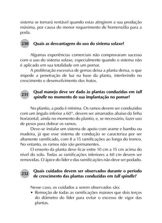 sistema se tornará rentável quando estas atingirem a sua produção
máxima, por causa do menor requerimento de homens/dia para a
poda.
230	 Quais as desvantagens do uso do sistema solaxe?
Algumas experiências comerciais não comprovaram sucesso
com o uso do sistema solaxe, especialmente quando o sistema não
é aplicado em sua totalidade em um pomar.
A proliferação excessiva de gemas deixa a planta densa, o que
impede a penetração de luz na base da planta, interferindo no
crescimento e desenvolvimento dos frutos.
231	
Qual manejo deve ser dado às plantas conduzidas em tall
spindle no momento de sua implantação no pomar?
No plantio, a poda é mínima. Os ramos devem ser conduzidos
com um ângulo inferior a 60°, devem ser amarrados abaixo da linha
horizontal, ainda no momento do plantio, e, se necessário, fazer uso
de pesos para dobrar os ramos.
Deve-se instalar um sistema de apoio com arame e bambu ou
madeira, já que esse sistema de condução se caracteriza por ser
altamente ramificado, com 8 a 15 ramificações ao longo do tronco.
No entanto, os ramos não são permanentes.
O enxerto da planta deve ficar entre 10 cm a 15 cm acima do
nível do solo. Todas as ramificações inferiores a 60 cm devem ser
removidas. O ápice do líder e das ramificações não deve ser podado.
232	
Quais cuidados devem ser observados durante o período
de crescimento das plantas conduzidas em tall spindle?
Nesse caso, os cuidados a serem observados são:
•	 Remoção de todas as ramificações maiores que dois terços
do diâmetro do líder para evitar o excesso de vigor das
plantas.
 