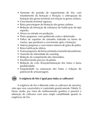 •	 Aumento do período de requerimento de frio, com
retardamento da brotação e floração, e antecipação da
brotação das gemas terminais em relação às gemas axilares.
•	 Crescimento terminal vigoroso.
•	 Baixa porcentagem de brotação das gemas axilares.
•	 Redução da formação de estruturas de frutificação do tipo
esporão.
•	 Atraso na entrada em produção.
•	 Flores pequenas, com pedúnculo curto e deformado.
•	 Folhas de esporões de tamanho reduzido na forma de
rosetas, que paralisam o crescimento após a brotação.
•	 Anteras pequenas e com menor número de grãos de pólen.
•	 Baixa frutificação efetiva.
•	 Frutospequenos,deformaachatadaetamanhodesuniforme.
•	 Aumento da intensidade do russeting.
•	 Redução do comprimento dos internódios.
•	 Envelhecimento precoce da planta.
•	 Redução do ciclo floração/maturação dos frutos e baixa
produtividade.
•	 Irregularidade na maturação dos frutos e redução do
potencial de armazenagem.
246	 A exigência de frio é igual para todas as cultivares?
A exigência de frio é diferente entre as cultivares de macieira,
visto que essa característica é controlada geneticamente (Tabela 5).
Desse modo, por meio do melhoramento genético é possível a
obtenção de cultivares com uma ampla variabilidade quanto às
exigências de frio.
 