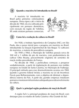 4	 Quando a macieira foi introduzida no Brasil?
A macieira foi introduzida no
Brasil pelos primeiros colonizadores
europeus. Dessa época até o início da
década de 1960, ela era cultivada prin-
cipalmente em pomares domésticos,
com exceção da região de Valinhos,
SP, onde existiam pomares comerciais.
5	 Como foi a evolução da cultura no Brasil?
Em 1928, o Instituto Agronômico de Campinas (IAC), em São
Paulo, deu o passo inicial para a pesquisa em macieira no Brasil,
introduzindo na Estação Experimental de São Roque 72 cultivares
de macieiras, a maioria de procedência europeia.
De 1940 a 1960, o Município de Valinhos possuía cerca de
500 mil a 1 milhão de pés de macieira, com predominância da
cultivar Ohio Beauty, provavelmente originária de sementes de
maçãs ácidas procedentes da França.
Na década de 1960, a pomicultura começou a prosperar
verdadeiramente, a partir da implantação de pomares nos moldes
europeus no Estado de Santa Catarina, no Município de Fraiburgo.
O principal estímulo para esse desenvolvimento ocorreu em 1969,
quando o governo federal incluiu a macieira na Lei de Incentivos
Fiscais para Reflorestamento, com o objetivo de diminuir a depen­
dência externa do País. A partir daí, grandes empresas instalaram
pomaresemontaraminfraestruturaadequadaparaodesenvolvimento
da cultura.
6	 Qual é a principal região produtora de maçã do Brasil?
A região Sul é a principal produtora de maçã do Brasil, com
destaque para os estados de Santa Catarina e Rio Grande do Sul.
 
