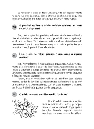 Se necessário, pode-se fazer uma segunda aplicação somente
na parte superior da planta, com o objetivo de eliminar os pequenos
frutos provenientes de flores tardias que ocorrem nessa região.
290	
É possível realizar o raleio químico somente na parte
superior da planta?
Sim, pois a ação dos produtos raleantes atualmente utilizados
não é sistêmica e sim de contato, possibilitando a aplicação
localizada na planta. Também essa prática pode ser utilizada quando
ocorre uma floração desuniforme, na qual a parte superior floresce
posteriormente à parte inferior da planta.
291	
Com o uso do raleio químico é necessário o repasse
manual?
Sim. Normalmente é necessário um repasse manual, principal­
mente para eliminar o excesso de frutos remanescentes nos cachos
florais e adequar a carga de frutos da planta. Esse procedimento
favorece a obtenção de frutos de melhor qualidade e evita prejuízos
à floração no ano seguinte.
Porém, não é necessário realizar de imediato esse repasse
manual, podendo ser feito quando os frutos tiverem mais de 25 mm
de diâmetro. Isso ocorre porque, com o raleio químico, a maioria
dos frutos é eliminada quando ainda pequenos.
292	 O raleio aumenta o calibre médio dos frutos?
Sim. O raleio aumenta e unifor-
miza o calibre dos frutos, principal-
mente quando realizado logo após a
floração. Também alguns raleantes
químicos, como no caso da benzilade-
 