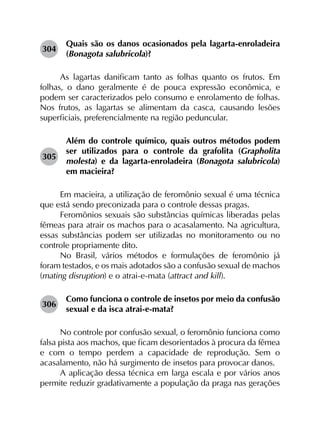 304	
Quais são os danos ocasionados pela lagarta-enroladeira
(Bonagota salubricola)?
As lagartas danificam tanto as folhas quanto os frutos. Em
folhas, o dano geralmente é de pouca expressão econômica, e
podem ser caracterizados pelo consumo e enrolamento de folhas.
Nos frutos, as lagartas se alimentam da casca, causando lesões
superficiais, preferencialmente na região peduncular.
305	
Além do controle químico, quais outros métodos podem
ser utilizados para o controle da grafolita (Grapholita
molesta) e da lagarta-enroladeira (Bonagota salubricola)
em macieira?
Em macieira, a utilização de feromônio sexual é uma técnica
que está sendo preconizada para o controle dessas pragas.
Feromônios sexuais são substâncias químicas liberadas pelas
fêmeas para atrair os machos para o acasalamento. Na agricultura,
essas substâncias podem ser utilizadas no monitoramento ou no
controle propriamente dito.
No Brasil, vários métodos e formulações de feromônio já
foram testados, e os mais adotados são a confusão sexual de machos
(mating disruption) e o atrai-e-mata (attract and kill).
306	
Como funciona o controle de insetos por meio da confusão
sexual e da isca atrai-e-mata?
No controle por confusão sexual, o feromônio funciona como
falsa pista aos machos, que ficam desorientados à procura da fêmea
e com o tempo perdem a capacidade de reprodução. Sem o
acasalamento, não há surgimento de insetos para provocar danos.
A aplicação dessa técnica em larga escala e por vários anos
permite reduzir gradativamente a população da praga nas gerações
 