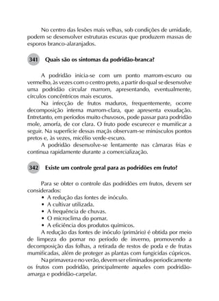 No centro das lesões mais velhas, sob condições de umidade,
podem se desenvolver estruturas escuras que produzem massas de
esporos branco-alaranjados.
341	 Quais são os sintomas da podridão-branca?
A podridão inicia-se com um ponto marrom-escuro ou
vermelho, às vezes com o centro preto, a partir do qual se desenvolve
uma podridão circular marrom, apresentando, eventualmente,
círculos concêntricos mais escuros.
Na infecção de frutos maduros, frequentemente, ocorre
decomposição interna marrom-clara, que apresenta exsudação.
Entretanto, em períodos muito chuvosos, pode passar para podridão
mole, amorfa, de cor clara. O fruto pode escurecer e mumificar a
seguir. Na superfície dessas maçãs observam-se minúsculos pontos
pretos e, às vezes, micélio verde-escuro.
A podridão desenvolve-se lentamente nas câmaras frias e
continua rapidamente durante a comercialização.
342	 Existe um controle geral para as podridões em fruto?
Para se obter o controle das podridões em frutos, devem ser
considerados:
•	 A redução das fontes de inóculo.
•	 A cultivar utilizada.
•	 A frequência de chuvas.
•	 O microclima do pomar.
•	 A eficiência dos produtos químicos.
A redução das fontes de inóculo (primário) é obtida por meio
de limpeza do pomar no período de inverno, promovendo a
decomposição das folhas, a retirada de restos de poda e de frutas
mumificadas, além de proteger as plantas com fungicidas cúpricos.
Naprimaveraenoverão,devemsereliminadosperiodicamente
os frutos com podridão, principalmente aqueles com podridão-
amarga e podridão-carpelar.
 
