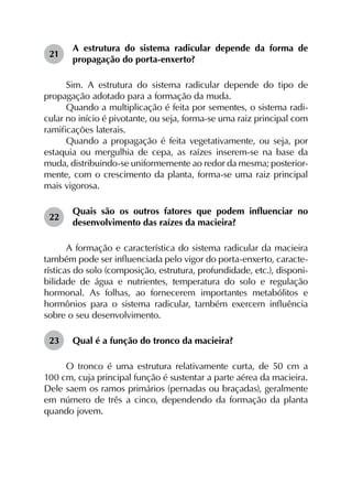 21	
A estrutura do sistema radicular depende da forma de
propagação do porta-enxerto?
Sim. A estrutura do sistema radicular depende do tipo de
propagação adotado para a formação da muda.
Quando a multiplicação é feita por sementes, o sistema radi­
cular no início é pivotante, ou seja, forma-se uma raiz principal com
ramificações laterais.
Quando a propagação é feita vegetativamente, ou seja, por
estaquia ou mergulhia de cepa, as raízes inserem-se na base da
muda, distribuindo-se uniformemente ao redor da mesma; posterior­
mente, com o crescimento da planta, forma-se uma raiz principal
mais vigorosa.
22	
Quais são os outros fatores que podem influenciar no
desenvolvimento das raízes da macieira?
A formação e característica do sistema radicular da macieira
também pode ser influenciada pelo vigor do porta-enxerto, caracte­
rísticas do solo (composição, estrutura, profundidade, etc.), disponi­
bilidade de água e nutrientes, temperatura do solo e regulação
hormonal. As folhas, ao fornecerem importantes metabólitos e
hormônios para o sistema radicular, também exercem influência
sobre o seu desenvolvimento.
23	 Qual é a função do tronco da macieira?
O tronco é uma estrutura relativamente curta, de 50 cm a
100 cm, cuja principal função é sustentar a parte aérea da macieira.
Dele saem os ramos primários (pernadas ou braçadas), geralmente
em número de três a cinco, dependendo da formação da planta
quando jovem.
 