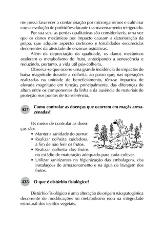 me possa favorecer a contaminação por microrganismos e culminar
com a evolução de podridões durante o armazenamento refrigerado.
Por sua vez, as perdas qualitativas são consideráveis, uma vez
que os danos mecânicos por impacto causam a deterioração da
polpa, que adquire aspecto corticoso e tonalidades escurecidas
decorrentes da atividade de enzimas oxidativas.
Além da depreciação da qualidade, os danos mecânicos
aceleram o metabolismo do fruto, antecipando a senescência e
reduzindo, portanto, a vida útil pós-colheita.
Observa-se que ocorre uma grande incidência de impactos de
baixa magnitude durante a colheita, ao passo que, nas operações
realizadas na unidade de beneficiamento, têm-se impactos de
elevada magnitude em função, principalmente, das diferenças de
altura entre os componentes da linha e da ausência de materiais de
proteção nos pontos de transferência.
427	
Como controlar as doenças que ocorrem em maçãs arma­
zenadas?
Os meios de controlar as doen-
ças são:
•	 Manter a sanidade do pomar.
•	 Realizar colheita cuidadosa,
a fim de não ferir os frutos.
•	 Realizar colheita dos frutos
no estádio de maturação adequado para cada cultivar.
•	 Utilizar sanitizantes na higienização das embalagens, das
instalações de armazenamento e na água de lavagem dos
frutos.
428	 O que é distúrbio fisiológico?
Distúrbio fisiológico é uma alteração de origem não patogênica
decorrente de modificações no metabolismo e/ou na integridade
estrutural dos tecidos vegetais.
 