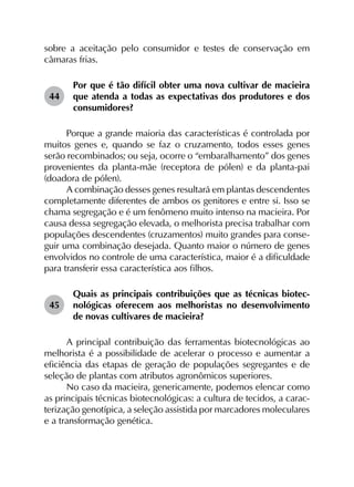 sobre a aceitação pelo consumidor e testes de conservação em
câmaras frias.
44	
Por que é tão difícil obter uma nova cultivar de macieira
que atenda a todas as expectativas dos produtores e dos
consumidores?
Porque a grande maioria das características é controlada por
muitos genes e, quando se faz o cruzamento, todos esses genes
serão recombinados; ou seja, ocorre o “embaralhamento” dos genes
provenientes da planta-mãe (receptora de pólen) e da planta-pai
(doadora de pólen).
A combinação desses genes resultará em plantas descendentes
completamente diferentes de ambos os genitores e entre si. Isso se
chama segregação e é um fenômeno muito intenso na macieira. Por
causa dessa segregação elevada, o melhorista precisa trabalhar com
populações descendentes (cruzamentos) muito grandes para conse­
guir uma combinação desejada. Quanto maior o número de genes
envolvidos no controle de uma característica, maior é a dificuldade
para transferir essa característica aos filhos.
45	
Quais as principais contribuições que as técnicas biotec­
nológicas oferecem aos melhoristas no desenvolvimento
de novas cultivares de macieira?
A principal contribuição das ferramentas biotecnológicas ao
melhorista é a possibilidade de acelerar o processo e aumentar a
eficiência das etapas de geração de populações segregantes e de
seleção de plantas com atributos agronômicos superiores.
No caso da macieira, genericamente, podemos elencar como
as principais técnicas biotecnológicas: a cultura de tecidos, a carac­
terização genotípica, a seleção assistida por marcadores moleculares
e a transformação genética.
 