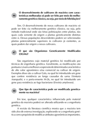 46	
O desenvolvimento de cultivares de macieira com carac­
terísticas melhoradas só pode ser feito por meio do melho­
ramentogenéticoclássico,ouseja,pormeiodehibridações?
Sim. O desenvolvimento de novas cultivares de macieira só
pode ser feito via melhoramento genético clássico, ou seja, pelo
método tradicional onde são feitas polinizações entre plantas, das
quais cada semente dá origem a plantas geneticamente distintas
entre si. Dessas populações descendentes podem ser selecionadas
plantas potencialmente superiores às cultivares já existentes, as
quais podem dar origem a novas cultivares.
47	
O que são Organismos Geneticamente Modificados
(OGMs)?
São organismos cujo material genético foi modificado por
técnicas de engenharia genética. Geralmente, as modificações são
pontuaisevisamamelhoraraexpressãodedeterminadacaracterística
de alto valor agronômico e/ou comercial na cultivar de origem.
Exemplos disso são a cultivar Gala, na qual foi introduzido um gene
que confere resistência ao fungo causador da sarna (Venturia
inaequalis), e o porta-enxerto M-26, no qual foi introduzido um
gene para resistência ao fogo bacteriano (Erwinia amylovora).
48	
Que tipo de característica pode ser modificada genetica­
mente na macieira?
Em tese, qualquer característica influenciada pelo material
genético da macieira poderá ser alterada utilizando-se a engenharia
genética.
A revisão da literatura científica mostra que a macieira tem
sido alvo de extensa investigação, explorando-se a engenharia gené­
ticacomopropósitodemodificaratributosagronômicosimportantes.
 
