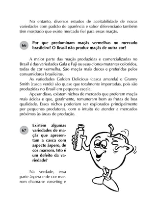 No entanto, diversos estudos de aceitabilidade de novas
variedades com padrão de aparência e sabor diferenciado também
têm mostrado que existe mercado fiel para essas maçãs.
66	
Por que predominam maçãs vermelhas no mercado
brasileiro? O Brasil não produz maçãs de outra cor?
A maior parte das maçãs produzidas e comercializadas no
Brasil é das variedades Gala e Fuji ou seus clones mutantes coloridos,
todas de cor vermelha. São maçãs mais doces e preferidas pelos
consumidores brasileiros.
As variedades Golden Delicious (casca amarela) e Granny
Smith (casca verde) são quase que totalmente importadas, pois são
produzidas no Brasil em pequena escala.
Apesar disso, existem nichos de mercado que preferem maçãs
mais ácidas e que, geralmente, remuneram bem as frutas de boa
qualidade. Esses nichos poderiam ser explorados principalmente
por pequenos produtores, com o intuito de atender a mercados
próximos às áreas de produção.
67	
Existem algumas
variedades de ma­
çãs que apresen­
tam a casca com
aspecto áspero, de
cor marrom. Isto é
um defeito da va­
riedade?
Na verdade, essa
parte áspera e de cor mar-
rom chama-se russeting e
 