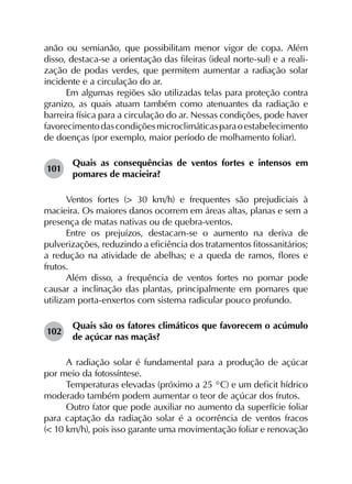 anão ou semianão, que possibilitam menor vigor de copa. Além
disso, destaca-se a orientação das fileiras (ideal norte-sul) e a reali­
zação de podas verdes, que permitem aumentar a radiação solar
incidente e a circulação do ar.
Em algumas regiões são utilizadas telas para proteção contra
granizo, as quais atuam também como atenuantes da radiação e
barreira física para a circulação do ar. Nessas condições, pode haver
favorecimentodascondiçõesmicroclimáticasparaoestabelecimento
de doenças (por exemplo, maior período de molhamento foliar).
101	
Quais as consequências de ventos fortes e intensos em
pomares de macieira?
Ventos fortes (> 30 km/h) e frequentes são prejudiciais à
macieira. Os maiores danos ocorrem em áreas altas, planas e sem a
presença de matas nativas ou de quebra-ventos.
Entre os prejuízos, destacam-se o aumento na deriva de
pulverizações, reduzindo a eficiência dos tratamentos fitossanitários;
a redução na atividade de abelhas; e a queda de ramos, flores e
frutos.
Além disso, a frequência de ventos fortes no pomar pode
causar a inclinação das plantas, principalmente em pomares que
utilizam porta-enxertos com sistema radicular pouco profundo.
102	
Quais são os fatores climáticos que favorecem o acúmulo
de açúcar nas maçãs?
A radiação solar é fundamental para a produção de açúcar
por meio da fotossíntese.
Temperaturas elevadas (próximo a 25 °C) e um deficit hídrico
moderado também podem aumentar o teor de açúcar dos frutos.
Outro fator que pode auxiliar no aumento da superfície foliar
para captação da radiação solar é a ocorrência de ventos fracos
(< 10 km/h), pois isso garante uma movimentação foliar e renovação
 