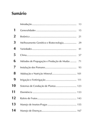 Sumário
	 Introdução..................................................................	13
1	 Generalidades............................................................	15
2 	 Botânica.....................................................................	21
3	 Melhoramento Genético e Biotecnologia.................... 	 29
4	Variedades..................................................................	41
5	Clima..........................................................................	57
6	 Métodos de Propagação e Produção de Mudas..........	71
7	 Instalação dos Pomares...............................................	93
8	 Adubação e Nutrição Mineral.....................................	101
9	 Irrigação e Fertirrigação..............................................	111
10	 Sistemas de Condução de Plantas...............................	123
11	Dormência.................................................................	133
12	 Raleio de Frutos..........................................................	143
13	 Manejo de Insetos-Pragas...........................................	155
14	 Manejo de Doenças....................................................	167
 