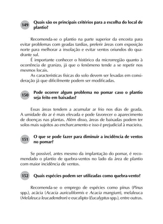 149	
Quais são os principais critérios para a escolha do local de
plantio?
Recomenda-se o plantio na parte superior da encosta para
evitar problemas com geadas tardias, preferir áreas com exposição
norte para melhorar a insolação e evitar ventos oriundos do qua­
drante sul.
É importante conhecer o histórico da microrregião quanto à
ocorrência de granizo, já que o fenômeno tende a se repetir nos
mesmos locais.
As características físicas do solo devem ser levadas em consi­
deração já que dificilmente podem ser modificadas.
150	
Pode ocorrer algum problema no pomar caso o plantio
seja feito em baixadas?
Essas áreas tendem a acumular ar frio nos dias de geada.
A umidade do ar é mais elevada e pode favorecer o aparecimento
de doenças nas plantas. Além disso, áreas de baixadas podem ter
solos mais sujeitos ao encharcamento e isso é prejudicial à macieira.
151	
O que se pode fazer para diminuir a incidência de ventos
no pomar?
Se possível, antes mesmo da implantação do pomar, é reco­
mendado o plantio de quebra-ventos no lado da área de plantio
com maior incidência de ventos.
152	 Quais espécies podem ser utilizadas como quebra-vento?
Recomenda-se o emprego de espécies como pínus (Pinus
spp.), acácia (Acacia auriculiformis e Acacia mangium), melaleuca
(Melaleuca leucadendron) e eucalipto (Eucalyptus spp.), entre outras.
 
