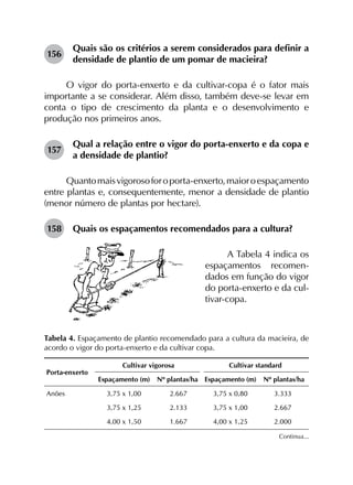 156	
Quais são os critérios a serem considerados para definir a
densidade de plantio de um pomar de macieira?
O vigor do porta-enxerto e da cultivar-copa é o fator mais
importante a se considerar. Além disso, também deve-se levar em
conta o tipo de crescimento da planta e o desenvolvimento e
produção nos primeiros anos.
157	
Qual a relação entre o vigor do porta-enxerto e da copa e
a densidade de plantio?
Quantomaisvigorosoforoporta-enxerto,maioroespaçamento
entre plantas e, consequentemente, menor a densidade de plantio
(menor número de plantas por hectare).
158	 Quais os espaçamentos recomendados para a cultura?
A Tabela 4 indica os
espaçamentos recomen-
dados em função do vigor
do porta-enxerto e da cul-
tivar-copa.
Tabela 4. Espaçamento de plantio recomendado para a cultura da macieira, de
acordo o vigor do porta-enxerto e da cultivar copa.
Porta-enxerto
Cultivar vigorosa Cultivar standard
Espaçamento (m) Nº plantas/ha Espaçamento (m) Nº plantas/ha
Anões 3,75 x 1,00 2.667 3,75 x 0,80 3.333
3,75 x 1,25 2.133 3,75 x 1,00 2.667
4,00 x 1,50 1.667 4,00 x 1,25 2.000
Continua...
 