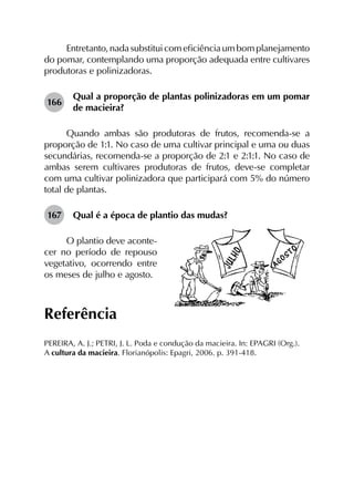 Entretanto, nada substitui com eficiência um bom planejamento
do pomar, contemplando uma proporção adequada entre cultivares
produtoras e polinizadoras.
166	
Qual a proporção de plantas polinizadoras em um pomar
de macieira?
Quando ambas são produtoras de frutos, recomenda-se a
proporção de 1:1. No caso de uma cultivar principal e uma ou duas
secundárias, recomenda-se a proporção de 2:1 e 2:1:1. No caso de
ambas serem cultivares produtoras de frutos, deve-se completar
com uma cultivar polinizadora que participará com 5% do número
total de plantas.
167	 Qual é a época de plantio das mudas?
O plantio deve aconte-
cer no período de repouso
vegetativo, ocorrendo entre
os meses de julho e agosto.
Referência
PEREIRA, A. J.; PETRI, J. L. Poda e condução da macieira. In: EPAGRI (Org.).
A cultura da macieira. Florianópolis: Epagri, 2006. p. 391-418.
 