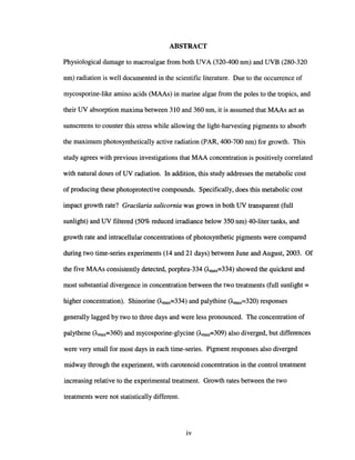 ABSTRACT
Physiological damage to macroalgae from both UVA (320-400 nm) and UVB (280-320
nm) radiation is well documented in the scientific literature. Due to the occurrence of
mycosporine-like amino acids (MAAs) in marine algae from the poles to the tropics, and
their UV absorption maxima between 310 and 360 nm, it is assumed that MAAs act as
sunscreens to counter this stress while allowing the light-harvesting pigments to absorb
the maximum photosynthetically active radiation (PAR, 400-700 nm) for growth. This
study agrees with previous investigations that MAA concentration is positively correlated
with natural doses of UV radiation. In addition, this study addresses the metabolic cost
of producing these photoprotective compounds. Specifically, does this metabolic cost
impact growth rate? Gracilaria salicornia was grown in both UV transparent (full
sunlight) and UV filtered (50% reduced irradiance below 350 nm) 40-liter tanks, and
growth rate and intracellular concentrations of photosynthetic pigments were compared
during two time-series experiments (14 and 21 days) between June and August, 2003. Of
the five MAAs consistently detected, porphra-334 (Amax=334) showed the quickest and
most substantial divergence in concentration between the two treatments (full sunlight =
higher concentration). Shinorine (Amax=334) and palythine (/"max=320) responses
generally lagged by two to three days and were less pronounced. The concentration of
palythene (Amax=360) and mycosporine-glycine (Amax=309) also diverged, but differences
were very small for most days in each time-series. Pigment responses also diverged
midway through the experiment, with carotenoid concentration in the control treatment
increasing relative to the experimental treatment. Growth rates between the two
treatments were not statistically different.
iv
 