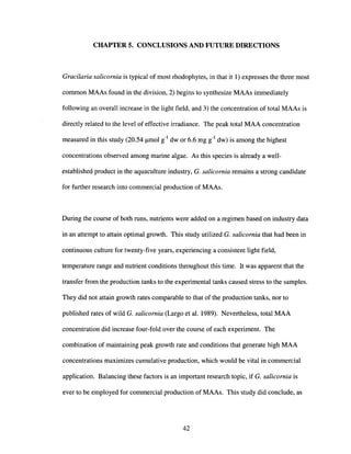 CHAPTER 5. CONCLUSIONS AND FUTURE DIRECTIONS
Gracilaria salicornia is typical of most rhodophytes, in that it 1) expresses the three most
common MAAs found in the division, 2) begins to synthesize MAAs immediately
following an overall increase in the light field, and 3) the concentration of total MAAs is
directly related to the level of effective irradiance. The peak total MAA concentration
measured in this study (20.54 /lmol g-l dw or 6.6 mg g-l dw) is among the highest
concentrations observed among marine algae. As this species is already a well-
established product in the aquaculture industry, G. salicornia remains a strong candidate
for further research into commercial production of MAAs.
During the course of both runs, nutrients were added on a regimen based on industry data
in an attempt to attain optimal growth. This study utilized G. salicornia that had been in
continuous culture for twenty-five years, experiencing a consistent light field,
temperature range and nutrient conditions throughout this time. It was apparent that the
transfer from the production tanks to the experimental tanks caused stress to the samples.
They did not attain growth rates comparable to that of the production tanks, nor to
published rates of wild G. salicornia (Largo et al. 1989). Nevertheless, total MAA
concentration did increase four-fold over the course of each experiment. The
combination of maintaining peak growth rate and conditions that generate high MAA
concentrations maximizes cumulative production, which would be vital in commercial
application. Balancing these factors is an important research topic, if G. salicornia is
ever to be employed for commercial production of MAAs. This study did conclude, as
42
 