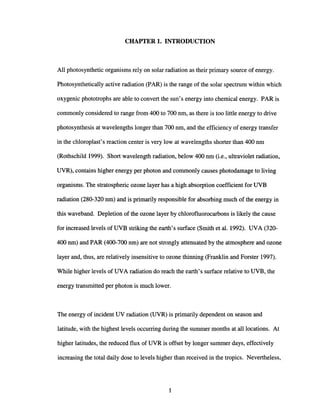 CHAPTER 1. INTRODUCTION
All photosynthetic organisms rely on solar radiation as their primary source of energy.
Photosynthetically active radiation (PAR) is the range of the solar spectrum within which
oxygenic phototrophs are able to convert the sun's energy into chemical energy. PAR is
commonly considered to range from 400 to 700 nm, as there is too little energy to drive
photosynthesis at wavelengths longer than 700 nm, and the efficiency of energy transfer
in the chloroplast's reaction center is very low at wavelengths shorter than 400 nm
(Rothschild 1999). Short wavelength radiation, below 400 nm (i.e., ultraviolet radiation,
UVR), contains higher energy per photon and commonly causes photodamage to living
organisms. The stratospheric ozone layer has a high absorption coefficient for UVB
radiation (280-320 nm) and is primarily responsible for absorbing much of the energy in
this waveband. Depletion of the ozone layer by chlorofluorocarbons is likely the cause
for increased levels of UVB striking the earth's surface (Smith et al. 1992). UVA (320-
400 nm) and PAR (400-700 nm) are not strongly attenuated by the atmosphere and ozone
layer and, thus, are relatively insensitive to ozone thinning (Franklin and Forster 1997).
While higher levels of UVA radiation do reach the earth's surface relative to UVB, the
energy transmitted per photon is much lower.
The energy of incident UV radiation (UVR) is primarily dependent on season and
latitude, with the highest levels occurring during the summer months at all locations. At
higher latitudes, the reduced flux of UVR is offset by longer summer days, effectively
increasing the total daily dose to levels higher than received in the tropics. Nevertheless,
1
 
