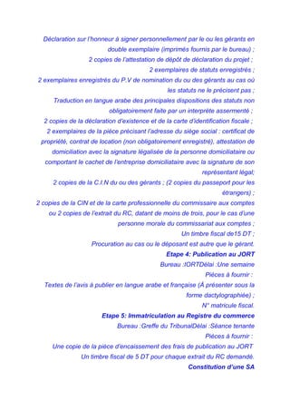 Déclaration sur l’honneur à signer personnellement par le ou les gérants en
double exemplaire (imprimés fournis par le bureau) ;
2 copies de l’attestation de dépôt de déclaration du projet ;
2 exemplaires de statuts enregistrés ;
2 exemplaires enregistrés du P.V de nomination du ou des gérants au cas où
les statuts ne le précisent pas ;
Traduction en langue arabe des principales dispositions des statuts non
obligatoirement faite par un interprète assermenté ;
2 copies de la déclaration d’existence et de la carte d’identification fiscale ;
2 exemplaires de la pièce précisant l’adresse du siège social : certificat de
propriété, contrat de location (non obligatoirement enregistré), attestation de
domiciliation avec la signature légalisée de la personne domiciliataire ou
comportant le cachet de l’entreprise domiciliataire avec la signature de son
représentant légal;
2 copies de la C.I.N du ou des gérants ; (2 copies du passeport pour les
étrangers) ;
2 copies de la CIN et de la carte professionnelle du commissaire aux comptes
ou 2 copies de l’extrait du RC, datant de moins de trois, pour le cas d’une
personne morale du commissariat aux comptes ;
Un timbre fiscal de15 DT ;
Procuration au cas ou le déposant est autre que le gérant.
Etape 4: Publication au JORT
Bureau :IORTDélai :Une semaine
Pièces à fournir :
Textes de l’avis à publier en langue arabe et française (À présenter sous la
forme dactylographiée) ;
N° matricule fiscal.
Etape 5: Immatriculation au Registre du commerce
Bureau :Greffe du TribunalDélai :Séance tenante
Pièces à fournir :
Une copie de la pièce d’encaissement des frais de publication au JORT
Un timbre fiscal de 5 DT pour chaque extrait du RC demandé.
Constitution d’une SA
 