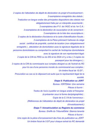 2 copies de l’attestation de dépôt de déclaration du projet d’investissement ;
2 exemplaires enregistrés des statuts ;
Traduction en langue arabe des principales dispositions des statuts non
obligatoirement faite par un interprète assermenté ;
2 exemplaires des P.V. de l’AGC et du 1er C.A ;
2 exemplaires de la déclaration de souscription et de versement ;
2 exemplaires de la liste des souscripteurs ;
2 copies de la déclaration d’existence et la carte d’identification fiscale ;
2 exemplaires de la Pièce précisant l’adresse du siège
social : certificat de propriété, contrat de location (non obligatoirement
enregistré ) , attestation de domiciliation avec la signature légalisée de la
personne domiciliataire ou comportant le cachet de l’entreprise domiciliataire
avec la signature de son représentant légal;
2 copie de la CIN du PDG ou du DG et du DGA s’il y a lieu ( 2 copies du
passeport pour les étrangers ) ;
2 copies de la CIN du commissaire aux comptes désigné ou de l’extrait du RC
pour le cas d’une personne morale du commissariat aux comptes ;
Un timbre fiscal de 15 DT ;
Procuration au cas où le déposant est autre que le représentant légal de la
société.
Etape 6: Publication au JORT
Bureau :IORTDélai :Une semaine
Pièces à fournir :
Textes de l’avis à publier en langue arabe et française
(à présenter sous la forme dactylographiée) ;
Copie de la C.I.N de l’annonceur ;
(Références de l’attestation de dépôt de déclaration du projet
d’investissement.)
Etape 7: Immatriculation au Registre du commerce
Bureau :Greffe du TribunalDélai :Séance tenante
Pièces à fournir :
Une copie de la pièce d’encaissement des frais de publication au JORT
Un timbre fiscal de 5 DT pour chaque extrait du RC demandé
 
