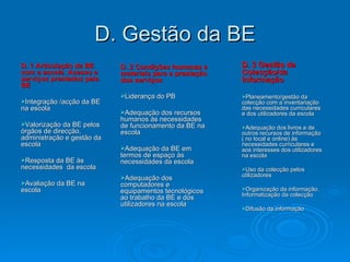 D. Gestão da BE D. 1 Articulação da BE com a escola. Acesso e serviços prestados pela BE Integração /acção da BE na escola Valorização da BE pelos órgãos de direcção, administração e gestão da escola Resposta da BE às necessidades  da escola Avaliação da BE na escola D. 2 Condições humanas e materiais para a prestação dos serviços  Liderança do PB Adequação dos recursos humanos às necessidades de funcionamento da BE na escola Adequação da BE em termos de espaço às necessidades da escola Adequação dos computadores e equipamentos tecnológicos ao trabalho da BE e dos utilizadores na escola D. 3 Gestão da Colecção/da Informação Planeamento/gestão da colecção com a inventariação das necessidades curriculares e dos utilizadores da escola Adequação dos livros e de outros recursos de informação ( no local e online) às necessidades curriculares e aos interesses dos utilizadores na escola Uso da colecção pelos utilizadores Organização da informação. Informatização da colecção Difusão da informação 