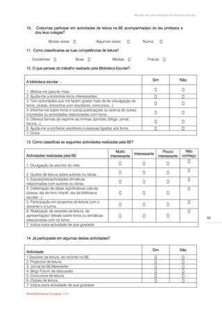 Modelo de auto-avaliação da biblioteca escolar



10.    Costumas participar em actividades de leitura na BE acompanhada/o do teu professor e
       dos teus colegas?

                Muitas vezes                  Algumas vezes               Nunca

11. Como classificarias as tuas competências de leitura?

      Excelentes                  Boas                Médias                  Fracas

12. O que pensas do trabalho realizado pela Biblioteca Escolar?


                                                                                 Sim                  Não
A biblioteca escolar ...

1. Motiva-me para ler mais.
2. Ajuda-me a encontrar livros interessantes.
3. Tem actividades que me fazem gostar mais de ler (divulgação de
livros, clubes, encontros com escritores, concursos...)
4. Informa-me sobre livros e outras publicações ou acerca de outras
novidades ou actividades relacionadas com livros.
5. Oferece formas de exprimir as minhas opiniões (blogs, jornal,
fóruns...)
6. Ajuda-me a conhecer escritores e pessoas ligadas aos livros.
7. Outra:

13. Como classificas as seguintes actividades realizadas pela BE?

                                                         Muito                          Pouco            Não
                                                                    Interessante
Actividades realizadas pela BE:                      interessante                    interessante      conheço

1. Divulgação do escritor do mês.

2. Guiões de leitura sobre autores ou obras.
3. Exposições/actividades temáticas
relacionadas com autores ou obras.
4. Celebração de datas significativas (dia da
poesia, dia do livro infantil, dia da biblioteca
escolar...)
5. Participação em projectos de leitura com o
docente e a turma.
6. Realização de sessões de leitura, de
apresentação/ debate sobre livros ou temáticas
                                                                                                                     68
relacionadas com os livros.
7. Indica outra actividade de que gostaste:


14. Já participaste em algumas destas actividades?


                                                                                 Sim                  Não
Actividade:
1.Sessões de leitura, de reconto na BE.
2. Projectos de leitura.
3. Jornal da BE/Newsletter.
4. Blog/ Fórum de discussão.
5. Concursos de leitura.
6. Clubes de leitura.
7. Indica outra actividade de que gostaste:

Rede Bibliotecas Escolares 2009
 