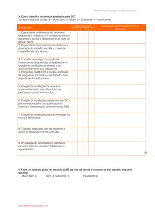 Modelo de auto-avaliação da biblioteca escolar

3. Como classifica os serviços prestados pela BE?
(Utilize a seguinte escala: 4 – Muito Bom; 3 – Bom; 2 – Suficiente; 1 – Insuficiente)

                                                   Nível a atribuir           Observações/Justificação do nível
Indicadores
                                                  4    3     2     1                    atribuído
1. Capacidade de liderança do professor
bibliotecário, trabalho com os departamentos,
docentes e alunos e desempenho ao nível de
gestão da BE.
2. Capacidade de contribuir para melhorar a
qualidade do trabalho escolar e o nível de
competências dos alunos.


3. Trabalho da equipa na criação de
instrumentos de apoio aos utilizadores e na
criação de condições de acesso e de
acompanhamento aos utilizadores.
4. Interacção da BE com a escola. Definição
de programas formativos e de trabalho com
departamentos e docentes.


5. Criação de condições de acesso e
acompanhamento aos utilizadores na
pesquisa e uso da informação.


6. Criação de condições para o uso das TIC e
para a exploração e uso qualificado da
Internet e disseminação de ferramentas WEB


7. Criação de condições para a promoção da
leitura e da literacia.



8. Trabalho articulado com os docentes e
apoio ao desenvolvimento curricular.



9. Articulação de actividades e partilha de
recursos entre as escolas/ bibliotecas no
agrupamento.
                                                                                                                        83




4. Faça um balanço global do impacto da BE na vida da escola e no apoio ao seu trabalho enquanto
docente.
   Muito Bom           Bom     Suficiente             Insuficiente




Rede Bibliotecas Escolares 2009
 