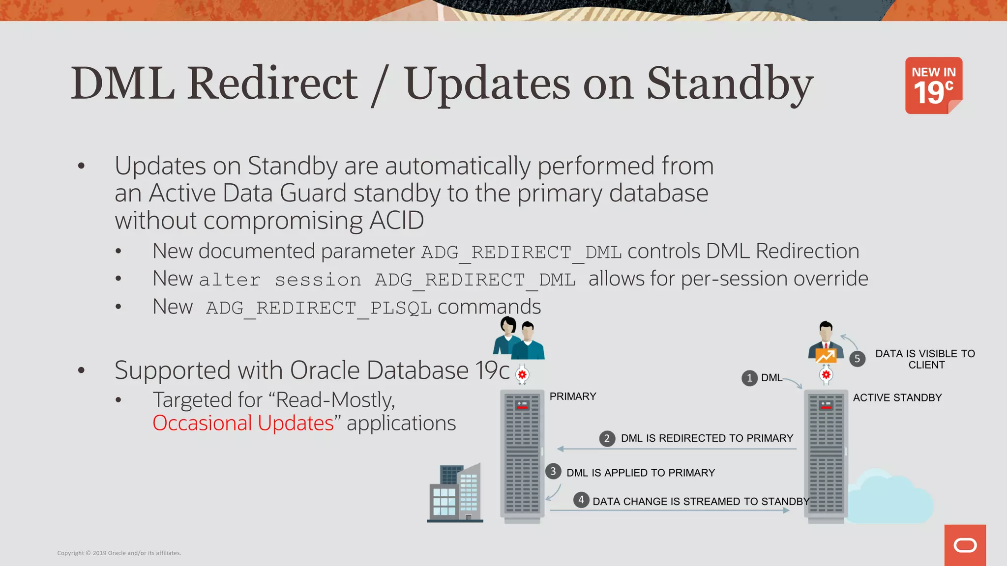 DML Redirect / Updates on Standby
• Updates on Standby are automatically performed from
an Active Data Guard standby to the primary database
without compromising ACID
• New documented parameter ADG_REDIRECT_DML controls DML Redirection
• New alter session ADG_REDIRECT_DML allows for per-session override
• New ADG_REDIRECT_PLSQL commands
• Supported with Oracle Database 19c
• Targeted for “Read-Mostly,
Occasional Updates” applications
Copyright © 2019 Oracle and/or its affiliates.
 