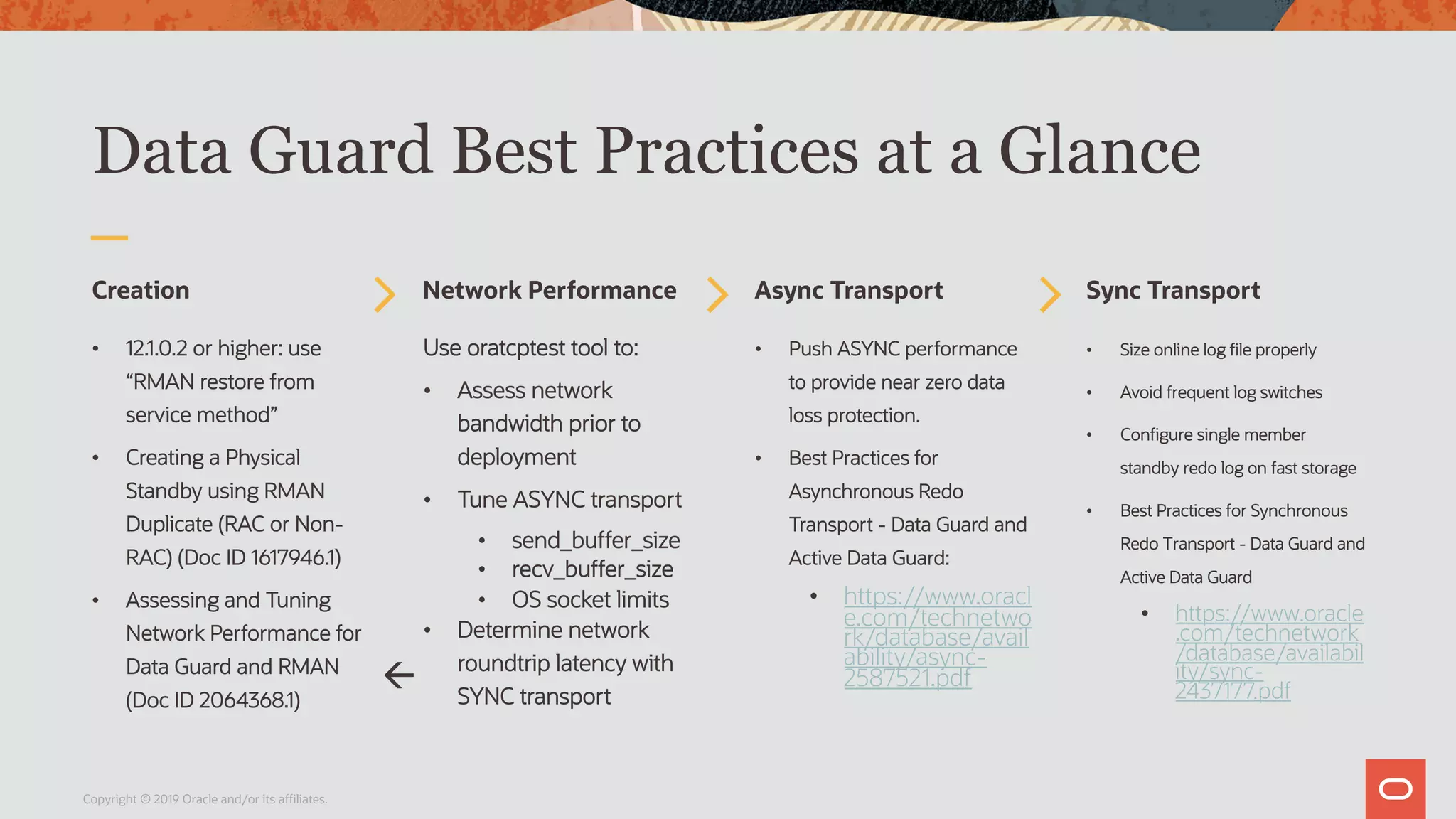 Data Guard Best Practices at a Glance
Creation
• 12.1.0.2 or higher: use
“RMAN restore from
service method”
• Creating a Physical
Standby using RMAN
Duplicate (RAC or Non-
RAC) (Doc ID 1617946.1)
• Assessing and Tuning
Network Performance for
Data Guard and RMAN
(Doc ID 2064368.1)
Network Performance
Use oratcptest tool to:
• Assess network
bandwidth prior to
deployment
• Tune ASYNC transport
• send_buffer_size
• recv_buffer_size
• OS socket limits
• Determine network
roundtrip latency with
SYNC transport
Async Transport
• Push ASYNC performance
to provide near zero data
loss protection.
• Best Practices for
Asynchronous Redo
Transport - Data Guard and
Active Data Guard:
• https://www.oracl
e.com/technetwo
rk/database/avail
ability/async-
2587521.pdf
Sync Transport
• Size online log file properly
• Avoid frequent log switches
• Configure single member
standby redo log on fast storage
• Best Practices for Synchronous
Redo Transport - Data Guard and
Active Data Guard
• https://www.oracle
.com/technetwork
/database/availabil
ity/sync-
2437177.pdf
Copyright © 2019 Oracle and/or its affiliates.
ß
 