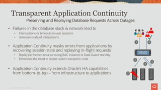 Transparent Application Continuity
• Failures in the database stack & network lead to
• Interruptions or timeouts in user sessions
• Unknown state of transactions
• Application Continuity masks errors from applications by
recovering session state and replaying in-flight requests
• Replay performed on a surviving RAC instance or Data Guard standby
• Eliminates the need to create custom exception code
• Application Continuity extends Oracle’s HA capabilities
from bottom-to-top – from infrastructure to applications
Copyright © 2019 Oracle and/or its affiliates.
Preserving and Replaying Database Requests Across Outages
1
2
3
4
5
6
UCP, JDBC, ODP.Net,
OCI Session Pool,
Tuxedo, WebLogic
✓
 