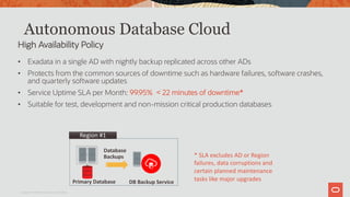 Autonomous Database Cloud
• Exadata in a single AD with nightly backup replicated across other ADs
• Protects from the common sources of downtime such as hardware failures, software crashes,
and quarterly software updates
• Service Uptime SLA per Month: 99.95% < 22 minutes of downtime*
• Suitable for test, development and non-mission critical production databases
High Availability Policy
* SLA excludes AD or Region
failures, data corruptions and
certain planned maintenance
tasks like major upgradesDB Backup Service
Region #1
Database
Backups
Primary Database
Copyright © 2019 Oracle and/or its affiliates.
 