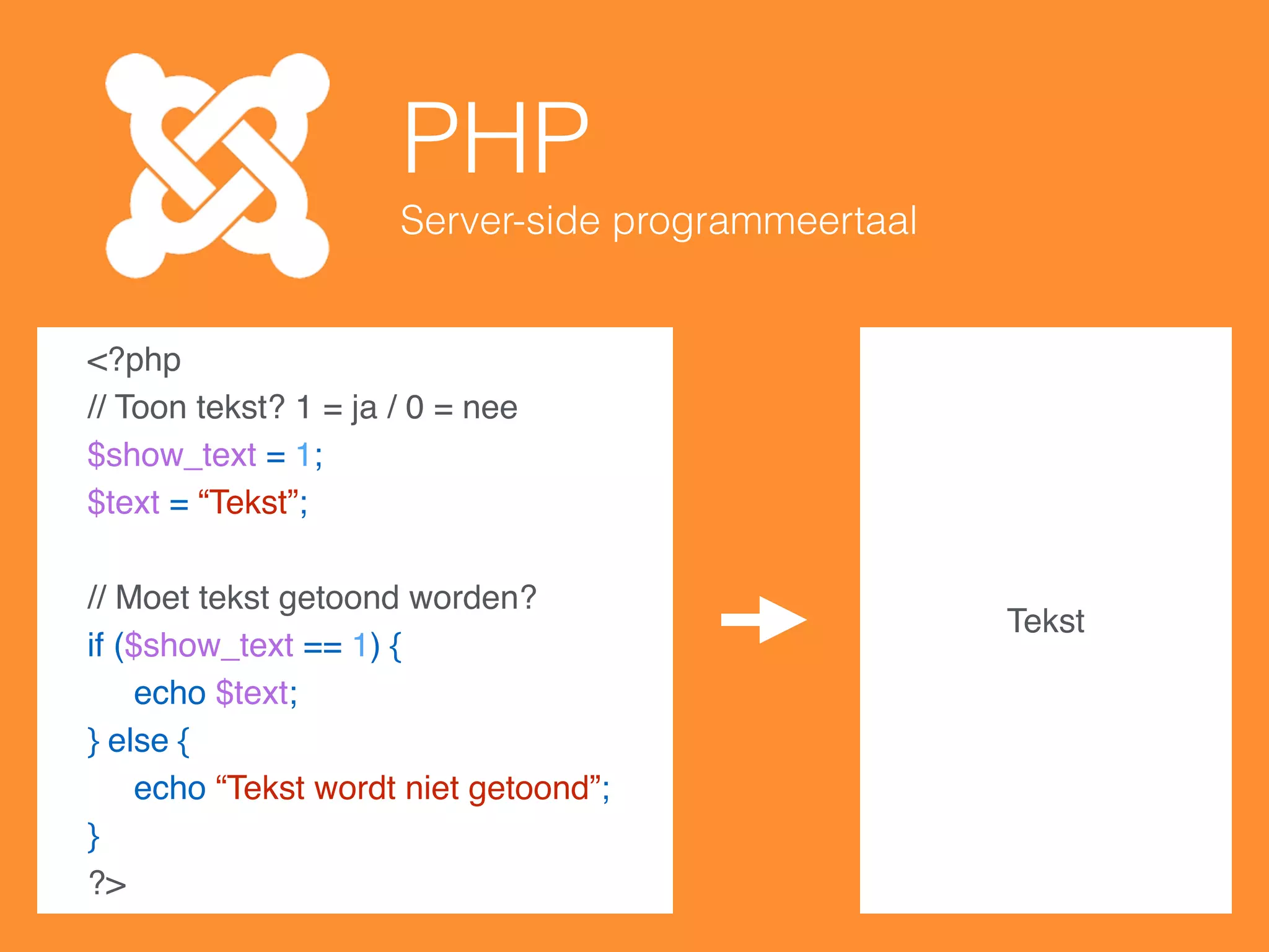 PHP
Server-side programmeertaal
<?php
// Toon lees meer? 1 = ja / 0 = nee
$show_readmore = 1;
$readmore = “Lees meer…”;
// Moet tekst getoond worden?
if ($show_readmore == 1) {
echo $readmore;
} else {
echo “<hr>”;
}
?>
Lees meer
 