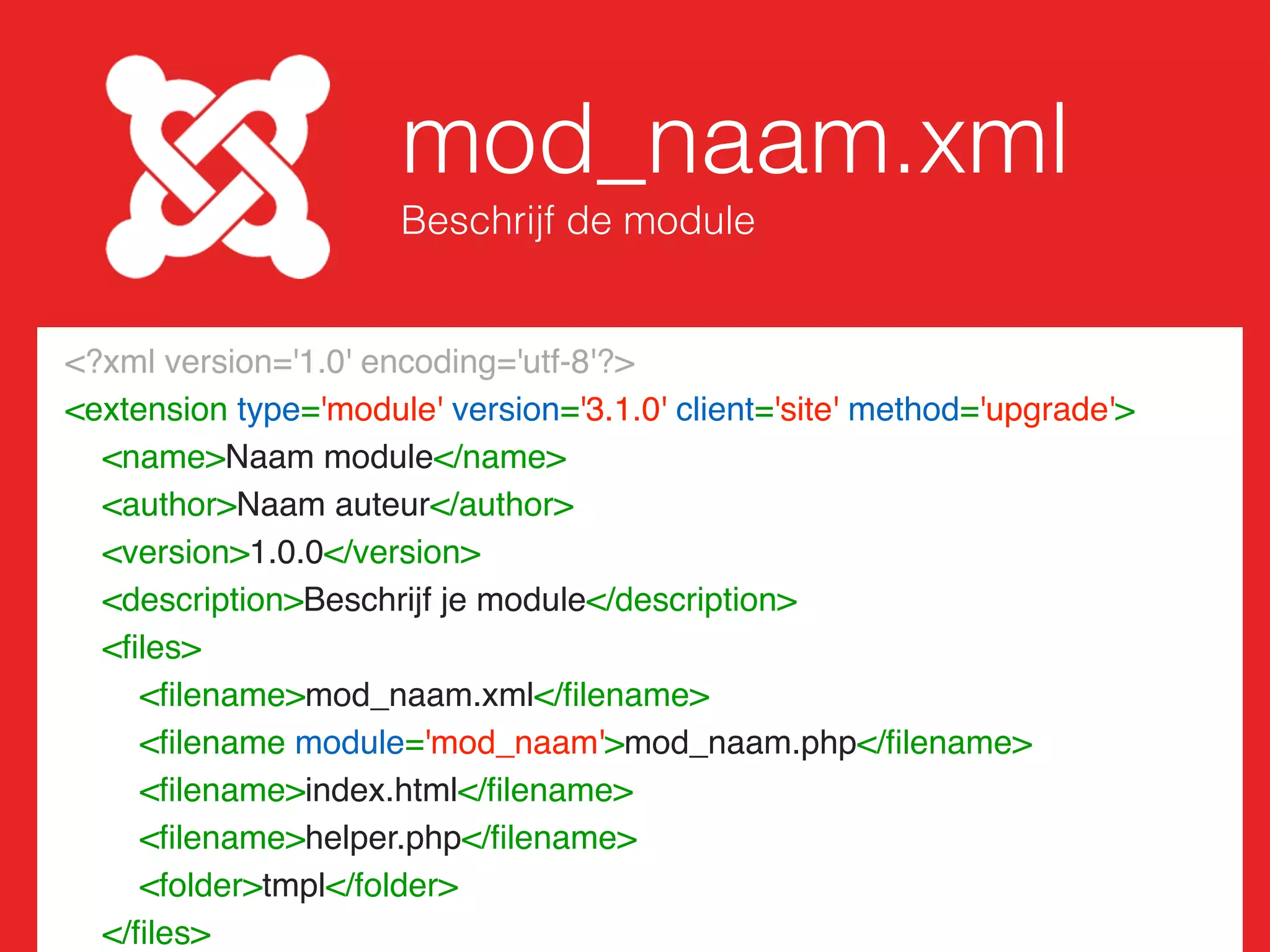 De mapstructuur
Hoe werkt het?
mod_footer_column.php default.phphelper.php
 