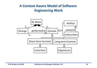 A Context Aware Model of So6ware 
                        Engineering Work 




© W. Maalej, July 2010    Poten&als and Challenges of RecSys in SE     14
 