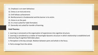 11. Emphasis is on overt behaviour.
12. Stress is on trial and error.
13. Drill follows achievement.
14. Reinforcement is fundamental and the learner is its victim.
15. Stress is on the past.
16. It is most suited for habit formation.
17. Generally not suited for transfer of learning.
Field Theories:
1. Learning is conceived as the organisation of experiences into cognitive structure.
2. Learning is considered as a matter of meaningful dynamic structure in which relationship is established and
restructuring of cognitive field takes place.
3. Perception is the key concept. Relation between parts and whole is the focus.
4. Parts emerge from the whole.
 