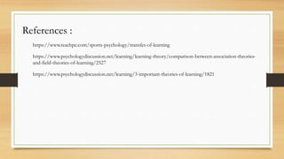 https://www.teachpe.com/sports-psychology/transfer-of-learning
References :
https://www.psychologydiscussion.net/learning/learning-theory/comparison-between-association-theories-
and-field-theories-of-learning/2527
https://www.psychologydiscussion.net/learning/3-important-theories-of-learning/1821
 
