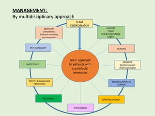 MANAGEMENT:
By multidisciplinary approach
Team approach
to patients with
craniofacial
anomalies
DENTISTRY
Orthodontics
Ped...