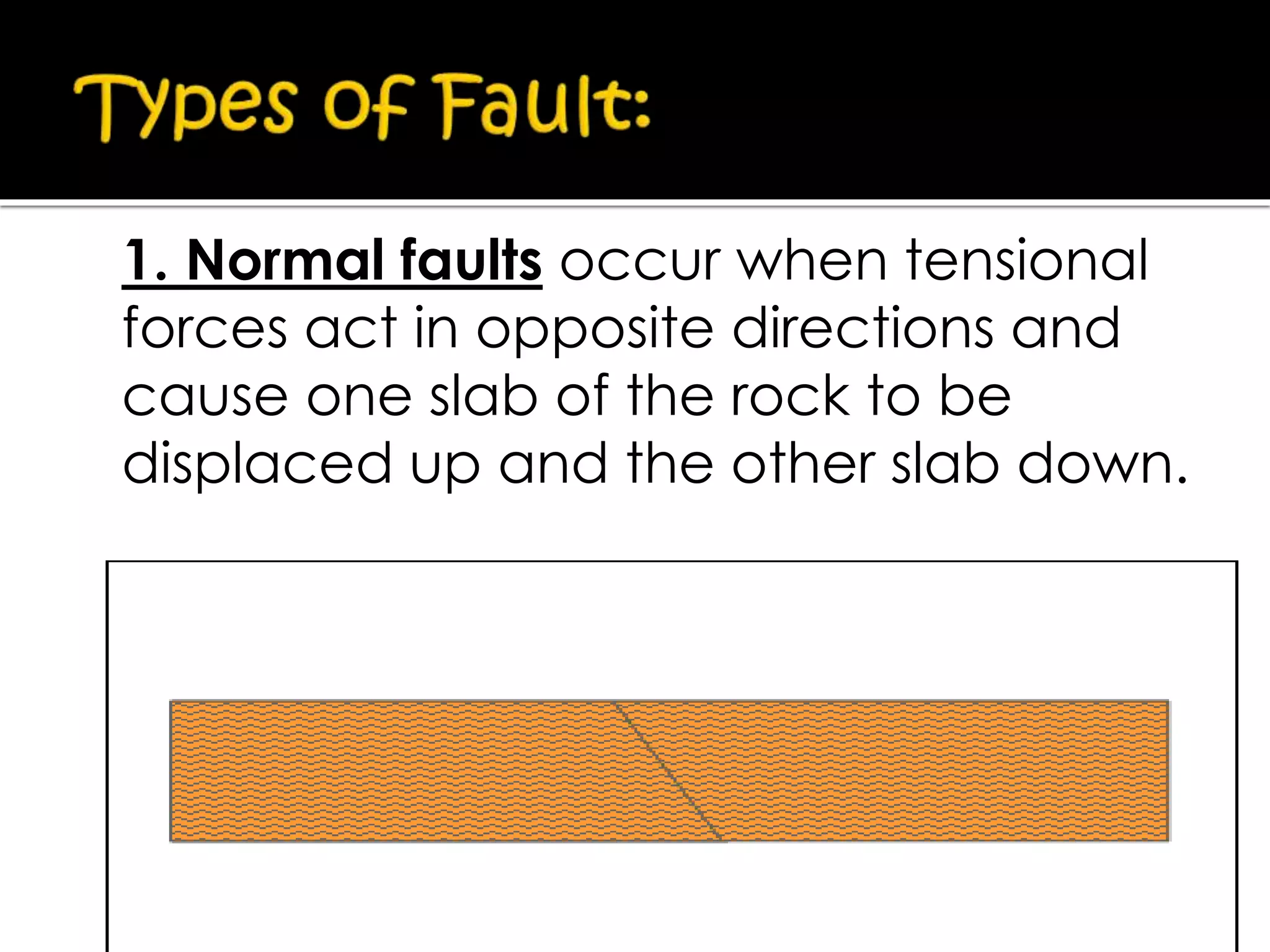 1. Normal faults occur when tensional
forces act in opposite directions and
cause one slab of the rock to be
displaced up and the other slab down.
 