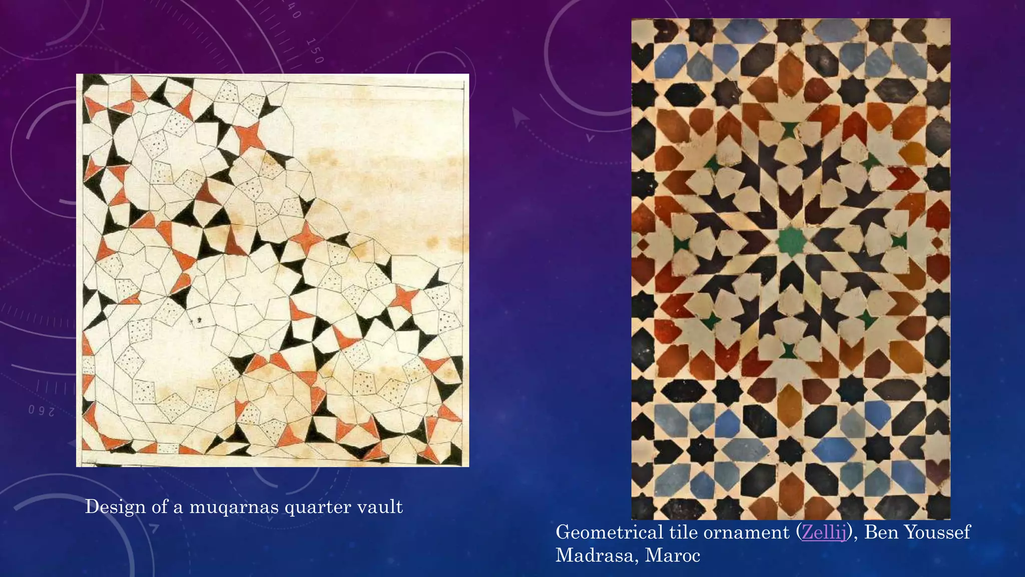 Design of a muqarnas quarter vault
Geometrical tile ornament (Zellij), Ben Youssef
Madrasa, Maroc
 