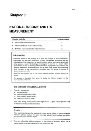 < Chapter 9
Notes
P1Q Y)Q Tjqhe?
CP g '{xx} femfiieV
^1-
NATIONAL INCOME AND ITS
MEASUREMENT
Chapter topic list Syllabus reference
1 The concept of national income
2 The circular flow of income in the economy
3 Definition and measurement of national income
Introduction
Businesses operate in the economy as a whole and changes in the macroeconomic
environment can have major implications for them. Management accountants need an
understanding of how the economy as a whole functions and the way in which government
policy operates. A basic understanding of the concept of the economy as a system and an
appreciation of the way the economy performs in terms of employment, output and prices are
essential. Management accountants should also be aware of the debates within economics
about the nature of the macroeconomy, particularly where this affects the conduct of
government economic policy.
We look in this chapter at how we can measure the total amount of economic activity in a
country.
This provides a foundation from which to develop the following chapters on the
macroeconomic environment.
THE CONCEPT OF NATIONAL INCOME
Three key measures are:
(a) national income;
(b) gross national product (GNP);
(c) gross domestic product (GDP).
(d) net national product (NNP)
NNP is the money value of total volume of production i.e. gross national product after
allowance has been made for deprecation.
Exercise 1
These are terms which are often encountered in news reports, and yet are often only vaguely
understood. Jot down what you think is the meaning of each, and review what you have written
once you come to the end of the chapter.
These are related but different measures of the amount of economic wealth that a
country creates or earns over a period of time, usually one year.
165 PB Publications
1
1.1
3.1
3.1
3.1
 